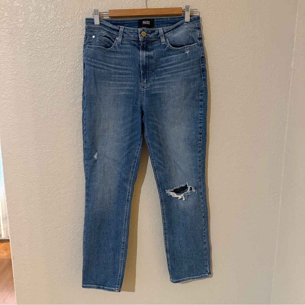 PAIGE Women's Cindy Straight Leg Distressed Ankle Blue Jeans